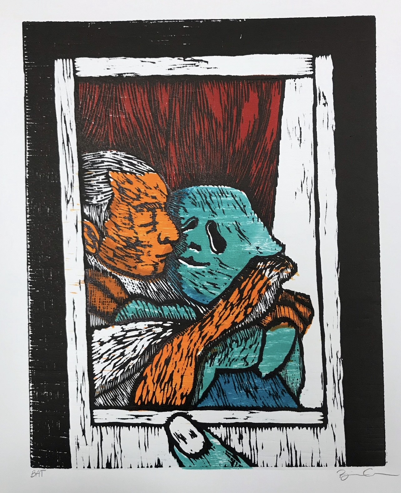 A polariod of a man and a ghost in an embrace, a thumb covers portion of the polariod at the bottom of the image