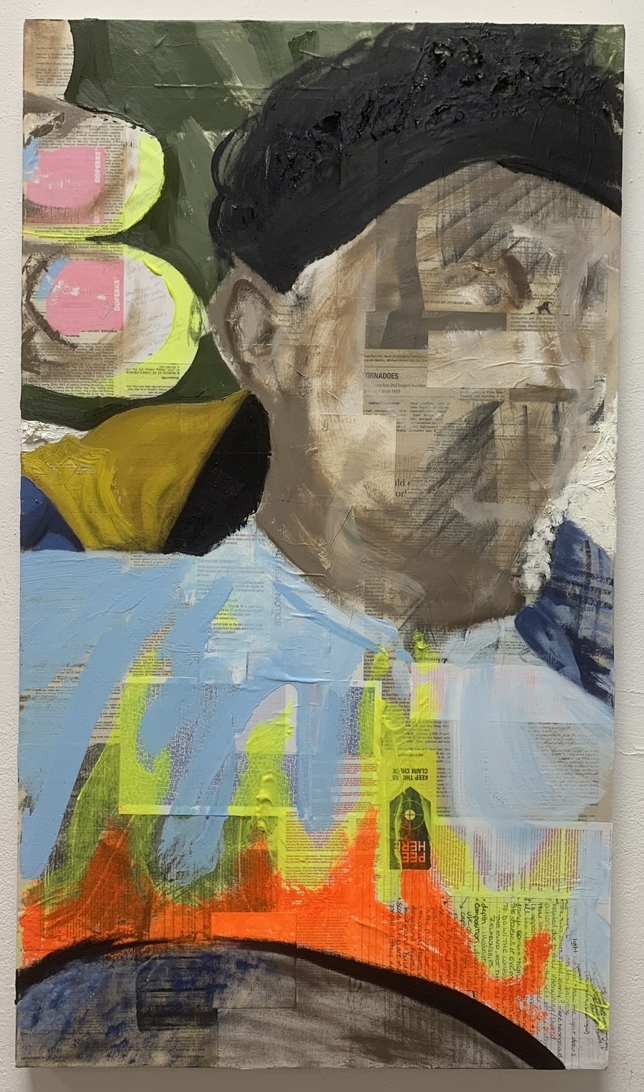 Abstracted portrait of a male presenting figure painted atop newspaper on canvas