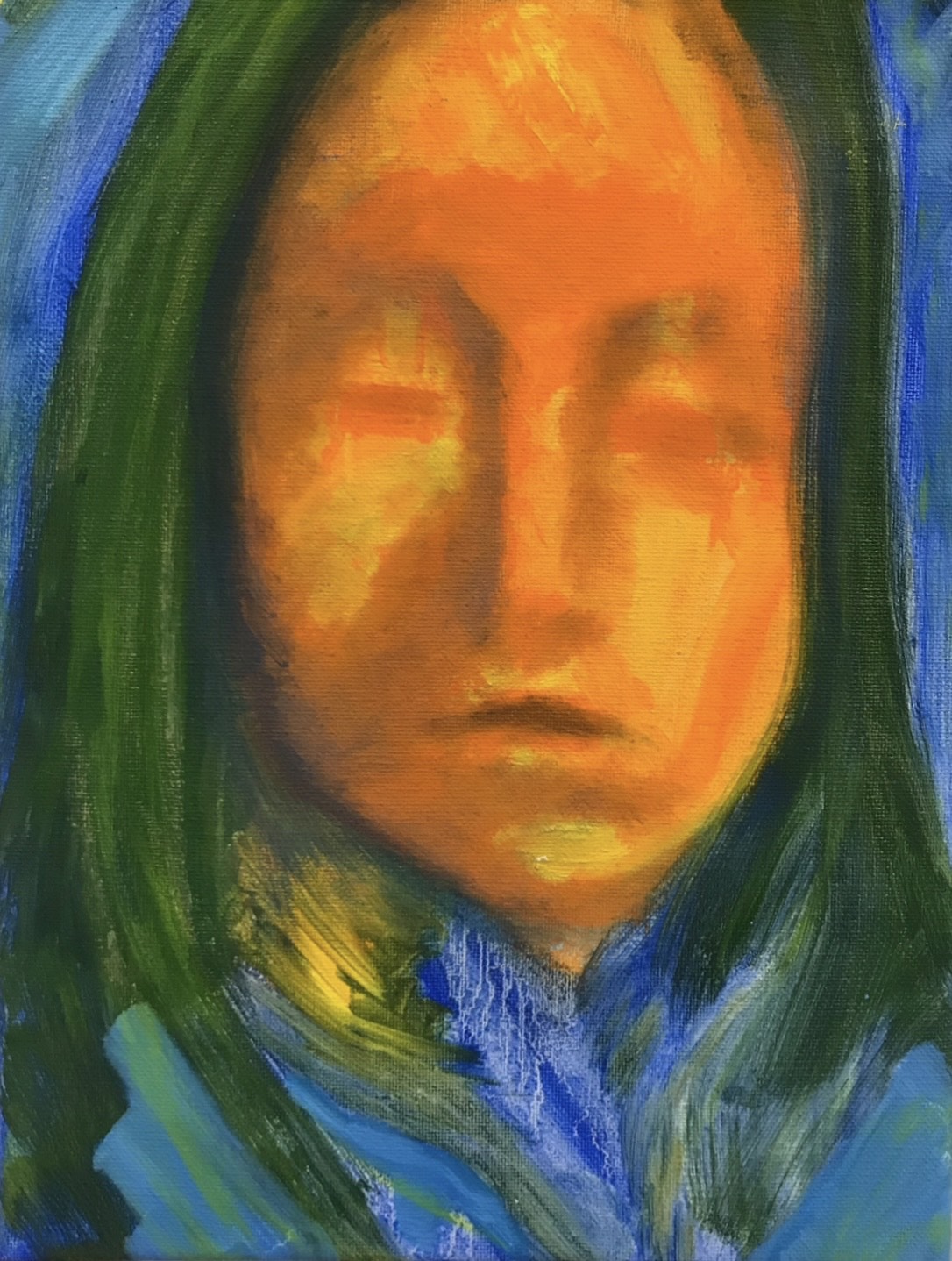Abstracted bust portrait of a figure with orange skin and green hair