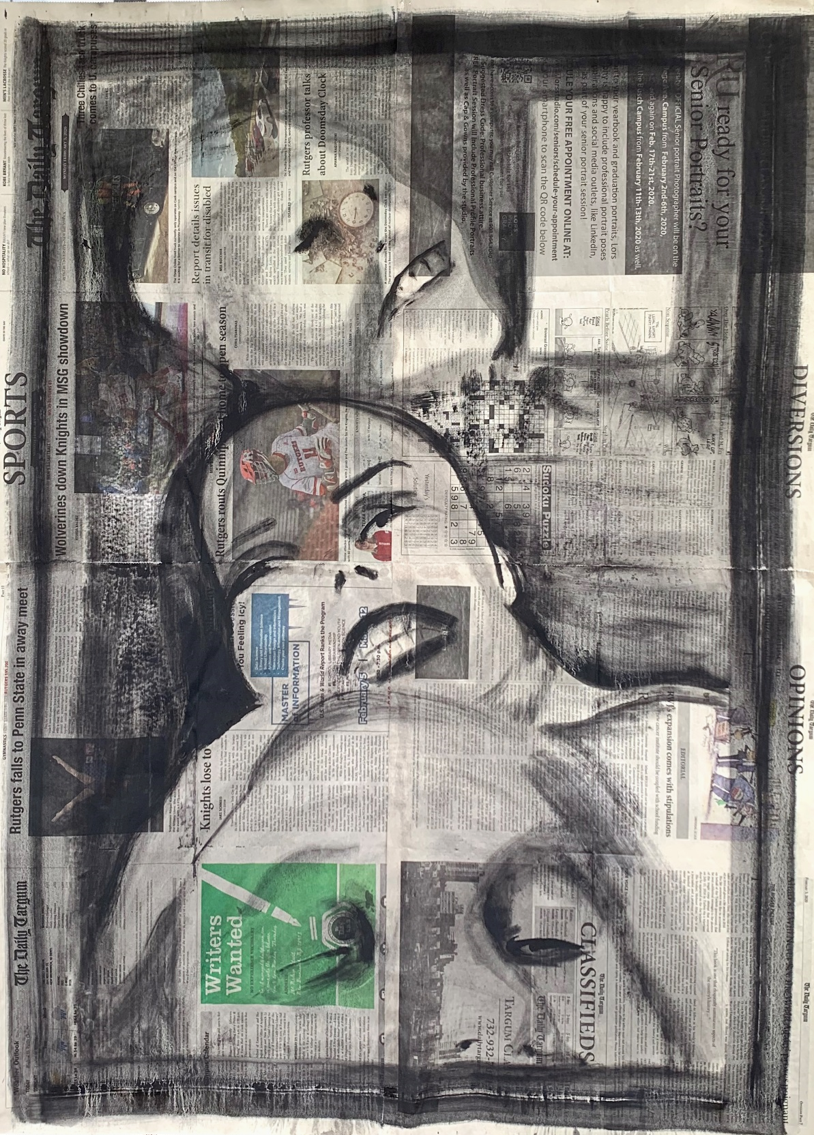 A translucent ghost-like image of three figures, painted atop a sheet of newspaper