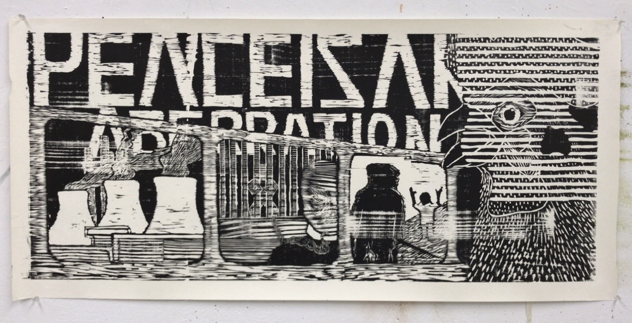 Woodcut image depicting the prison industrial complex, a skull with a rooster peering through it appears in the right corner, the words 'peace is an abberation' are seen in the background