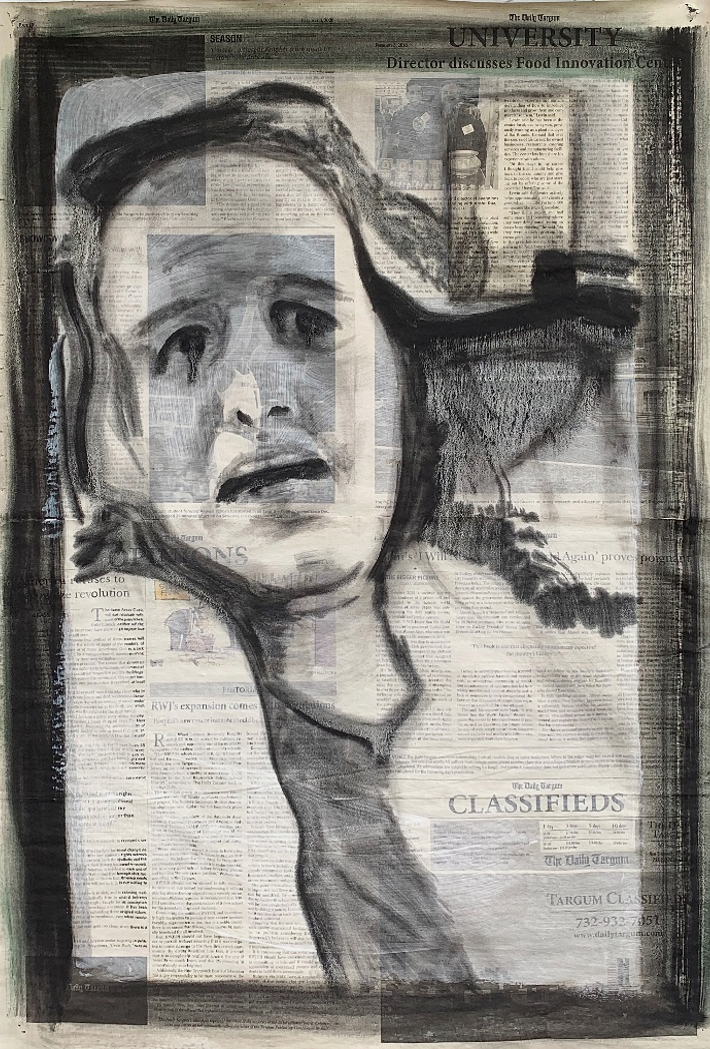 A translucent ghost-like image of a girl in shock, painted atop a sheet of newspaper