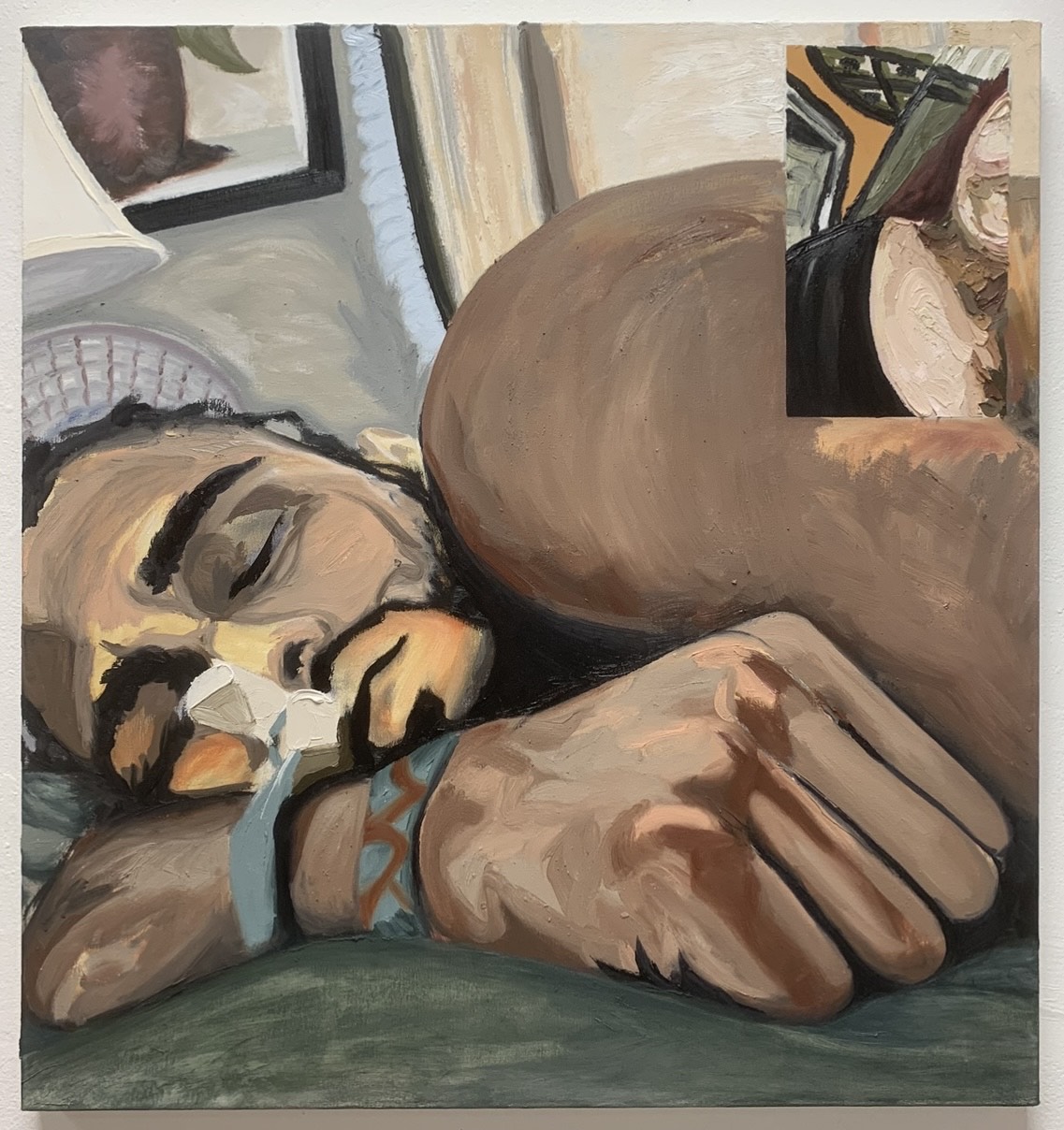 Image in the format of a facetime call. A man is sleeping while an abstracted woman is in the upper right corner