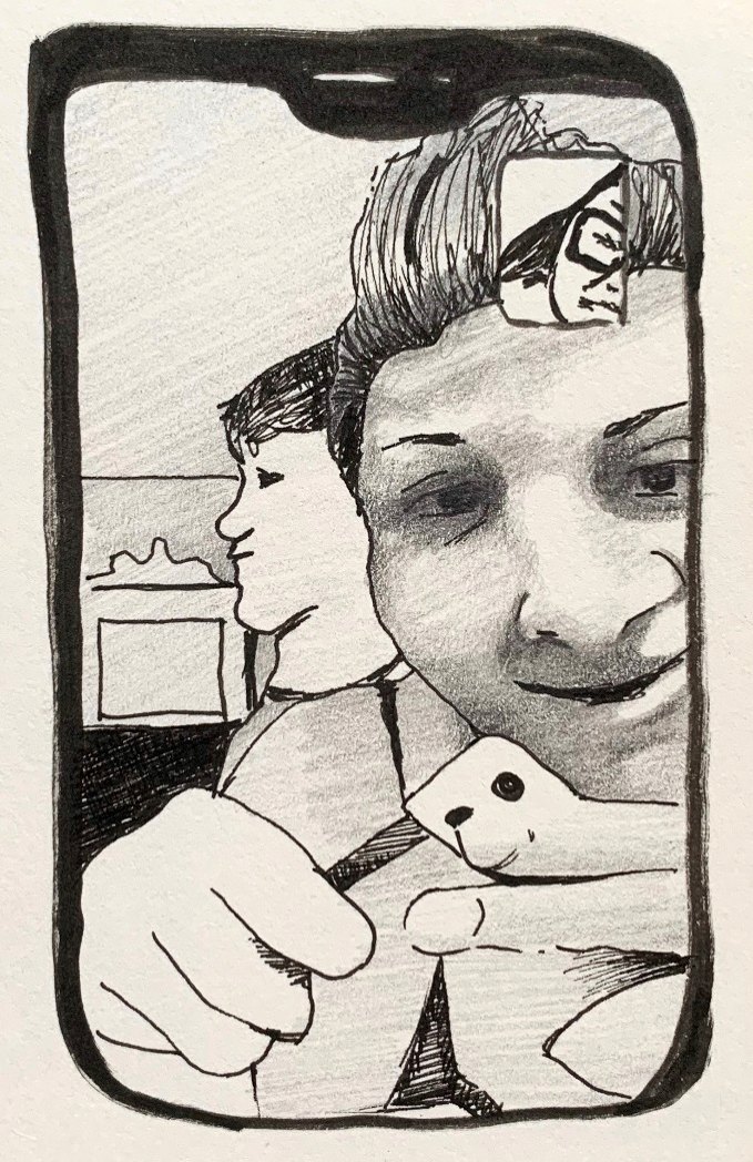 Drawing of a facetime call between a partial figure and a figure sharpening a pencil, the profile of another figure can be seen in the background