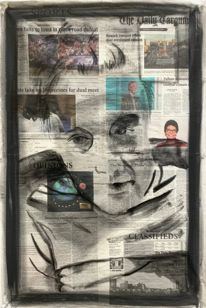 A translucent ghost-like image of a boy, painted atop a sheet of newspaper